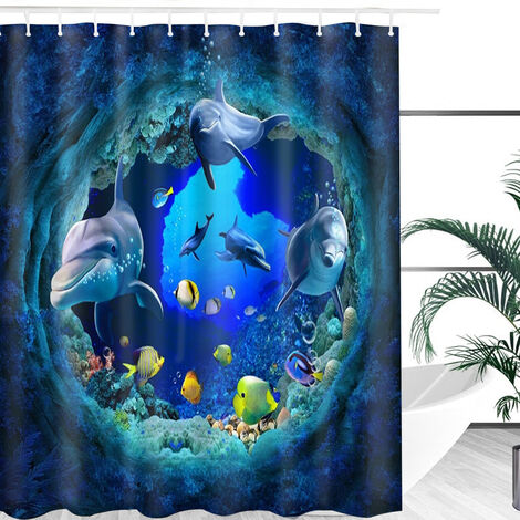 Blaues Meer Delphin Aufdruck Wasserfest Badezimmer Duschvorhang Wc Matte Set 