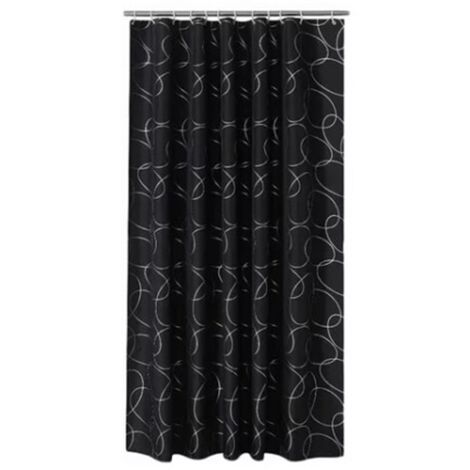 [Duschvorhang] Wasserdichter Duschvorhang aus dickem Polyester, 180 x 180 cm, mit Metallringen und schwarz-silbernem Kreisdesign – Set mit 12 Haken