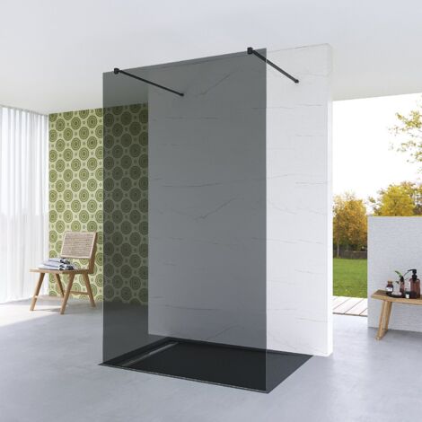 Duschwand Freistehend Dusche Duschabtrennung Walk in Nano Rauchglas Duschwand, 8mm ESG Sicherheitsglas, 117,4 x 200 cm, mit Edelstahl schwarz matt Stabilisator (ohne Wandprofile)
