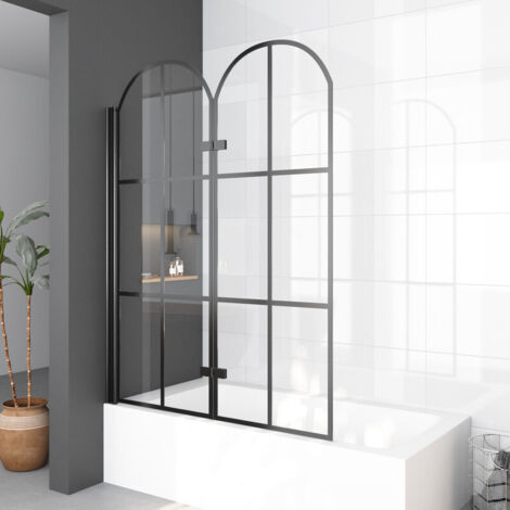 Duschwand für Badewanne 120x140 cm 2 Teilig faltbar Schwarz Badewannenaufsatz Glas Duschtrennwand Badewannenfaltwand, 6 mm Sicherheitsglas
