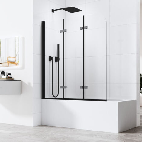 Duschwand für Badewanne 140x140cm Duschwand Badewanne Badewannenaufsatz Duschabtrennung Faltbar Badewannenfaltwand Duschtrennwand Badewanne mit 6mm NANO ESG Glas, Schwarz