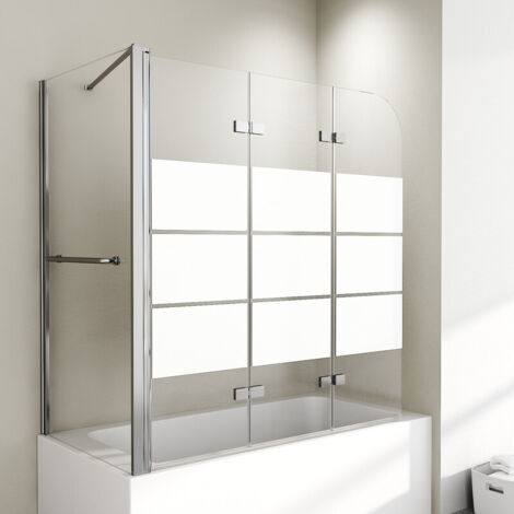 Duschwand für Badewanne mit Seitenwand 75x120x140cm 3-teilig Faltbar, Gestreift Glas Badewannenaufsatz Duschabtrennung aus 6mm EGS Sicherheitsglas, 75+120cm Badewannenwand