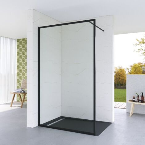 Duschwand für Dusche Walk in Dusche Glas 90 100 120 cm Duschabtrennung Schwarz Rahmen Einscheibensicherheitsglas mit Nano Beschichtung und Stabilisationsbügel 100x203 cm