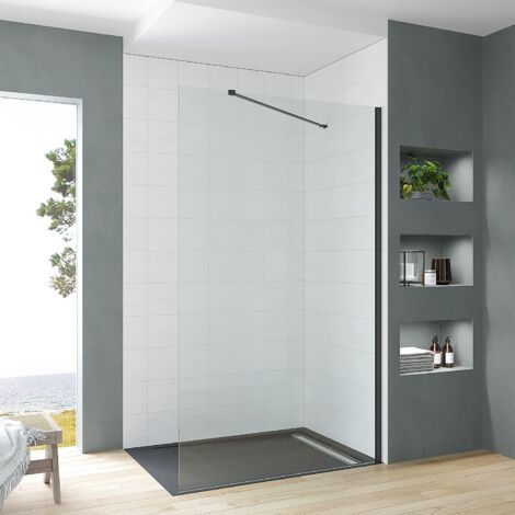 Duschwand Glas schwarz matt Duschabtrennung Walk-in Dusche Duschkabine Duschtrennwand Begehbare Glastrennwand Sicherheitsglas 8 mm klar mit NANO inkl. Stabilisationsbügel winkelbar  2. Größe: 90x200cm