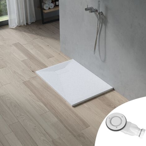 Duschwanne weiß Brausewanne mit Ablaufgarnitur Steinoptik Antirutsch, Sheet-Molding-Compound(SMC), 3. 100x70 cm, Ablaufloch ∅ 90 mm