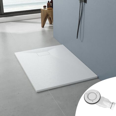 Duschwanne weiß Brausewanne mit Ablaufgarnitur Steinoptik Antirutsch, Sheet-Molding-Compound(SMC), 5. 120x80 cm, Ablaufloch ∅ 90 mm