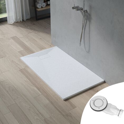 Duschwanne weiß Brausewanne mit Ablaufgarnitur Steinoptik Antirutsch, Sheet-Molding-Compound(SMC), 6. 140x80 cm, Ablaufloch ∅ 90 mm