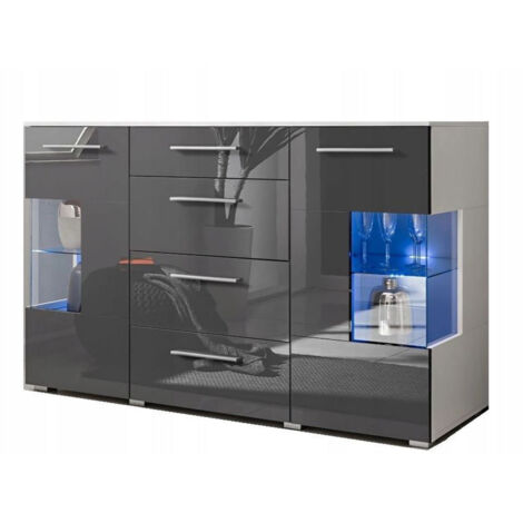 Dusine – Bahut buffet profond laqué gris LED 150x97x45 cm – 2 portes vitrées et 4 tiroirs – Finition brillante et mat – Production européenne