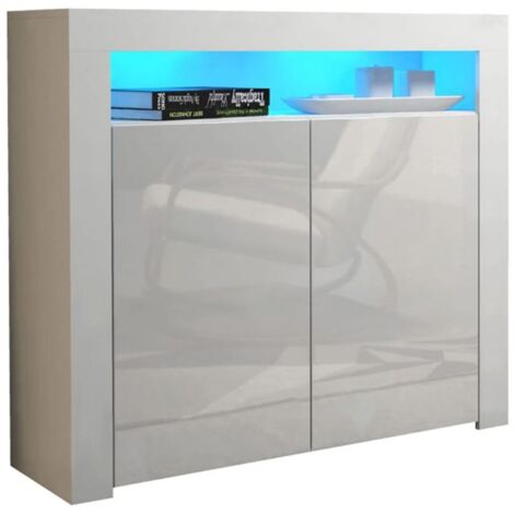 Dusine – Buffet bahut brillant 107 cm – Caisson blanc mat – Portes brillantes – Éclairage LED intégré – Design moderne pour intérieur élégant