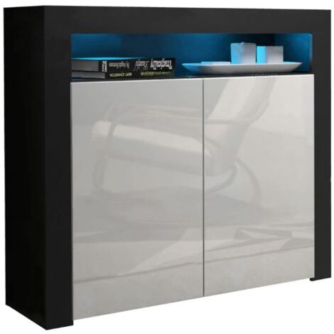 Dusine – Buffet bahut brillant 107 cm – Portes en blanc laqué – Caisson noir mat – Éclairage LED intégré pour ambiance chaleureuse