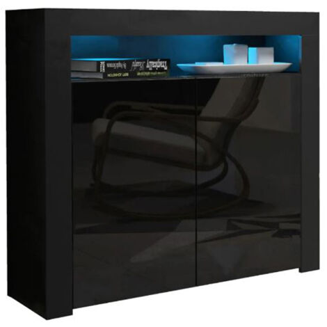 Dusine – Buffet bahut noir brillant 107 cm – Caisson noir mat – Éclairage LED intégré – Dimensions 97x35 cm – Meuble moderne pour salon