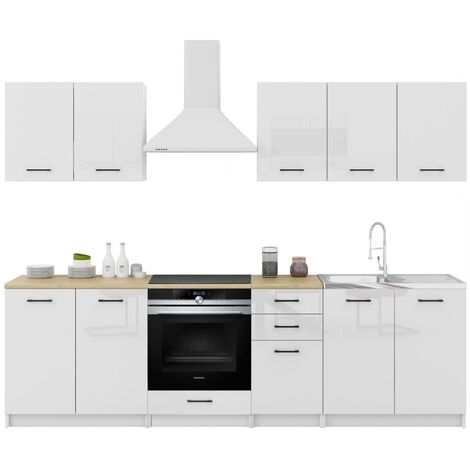 Dusine – Cuisine complète 7 éléments – Blanc laqué 2m60 – Espace pour four encastrable – Mélaminé certifié FSC – Fabrication européenne