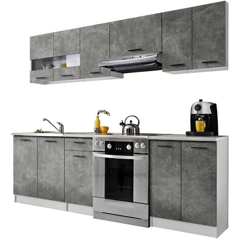 Dusine – Cuisine complète Bigo 7 éléments – Longueur 240 cm – Finition béton – Caissons mélaminé certifié FSC – Installation facile