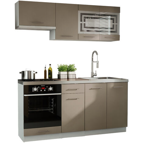 Dusine – Cuisine complète GIOVANNA 6 éléments – taupe mat 1m80 – portes vitrées – caissons en mélaminé 18mm – poignées métalliques robustes