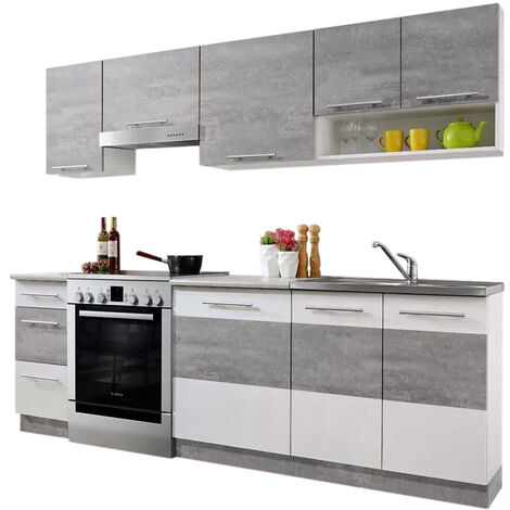 Dusine – Cuisine complète LAX 7 éléments 240 cm – Finition béton et blanc mat – Caissons en mélaminé certifié FSC – Poignées plastiques incluses