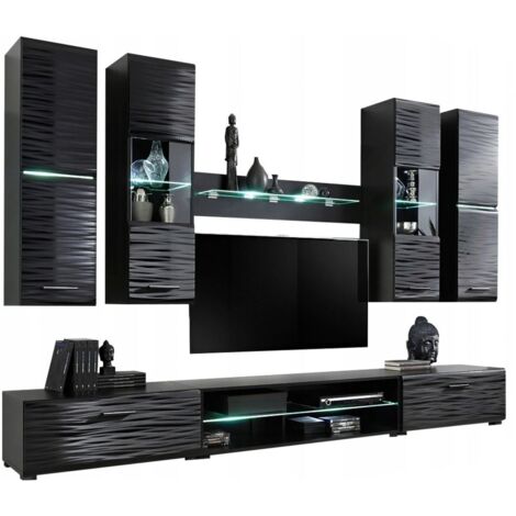 Dusine – Ensemble meuble TV laqué noir effet 3D LED 280 cm – 2 meubles suspendus – Éclairage intégré – Rangement pour box et console