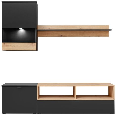 Dusine – Ensemble meuble TV noir mat et bois Artisana 275 cm – 2 portes et 2 niches – Étagère intégrée – Spot LED inclus