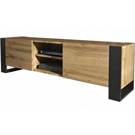 Dusine – Meuble TV 160 cm chêne avec pieds noirs – Style industriel – Compartiments fermés et étagère – Fabrication européenne