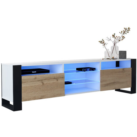 Dusine – Meuble TV 200 cm avec lumières LED – Mélaminé blanc mat et chêne – Style industriel – Rangement pratique avec étagères vitrées