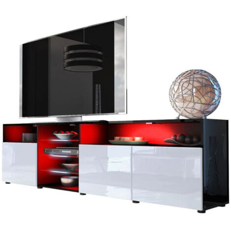 Dusine – Meuble TV 200 cm noir mat – Portes blanches laquées – Éclairage LED RGB – Rangement spacieux avec 2 placards et 2 niches