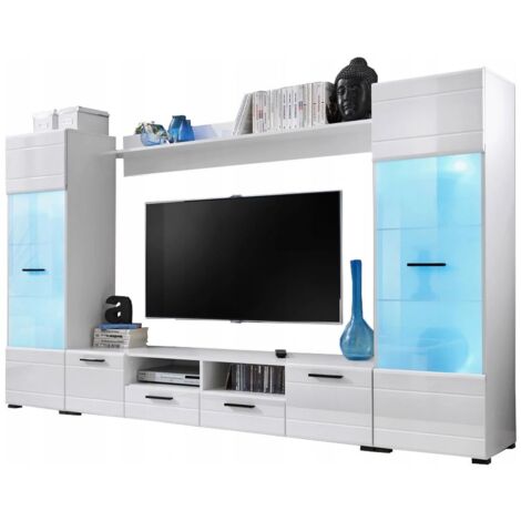 Dusine – Meuble TV 260 cm blanc laqué – Vitrines LED multicolores avec télécommande – Style moderne – Production européenne normes CE