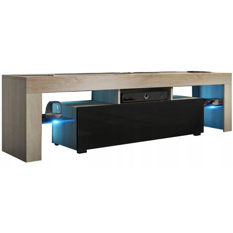 Dusine – Meuble TV en chêne mat 160 cm – Porte noire laquée avec système push – Éclairage LED bleu intégré – Design moderne et épuré