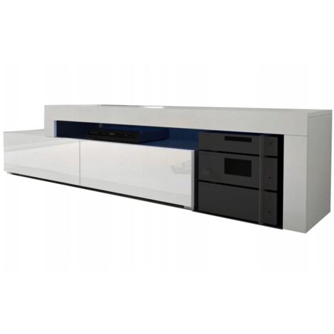 Dusine – Meuble TV extensible blanc laqué avec LED – Dimensions 148/280 x 37 x 45 cm – Mélaminé certifié FSC – Fabrication européenne