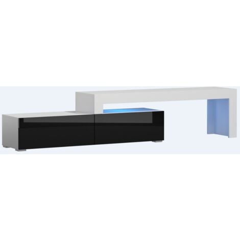 Dusine – Meuble TV extensible blanc mat et noir laqué – LED USB multicolores – Dimensions 148/280x37x45 cm – Fabrication européenne