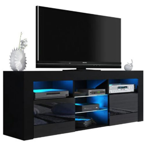 Dusine – Meuble TV JIVE noir A LED 145 cm – 2 portes laquées – Mélaminé FSC – Éclairage LED intégré – Dimensions 145x33x53 cm