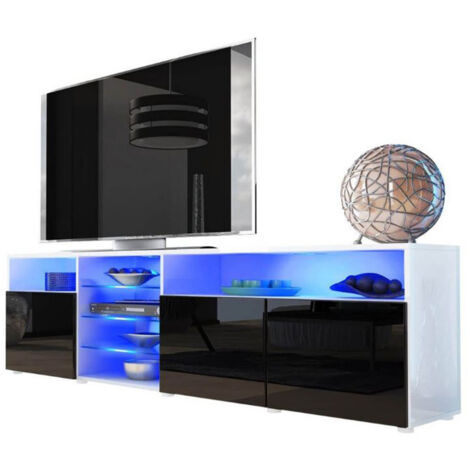 Dusine – Meuble TV Massimo 200 cm – Blanc mat avec portes noires laquées – Éclairage LED RGB – Rangement spacieux pour équipements audiovisuels