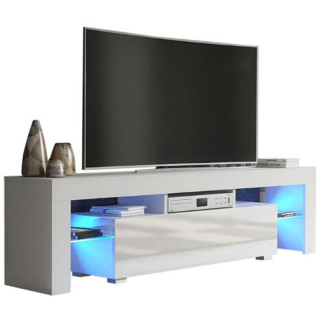 Dusine – Meuble TV moderne 160 cm – Blanc mat avec porte laquée – Éclairage LED intégré – Rangement pratique avec étagères vitrées