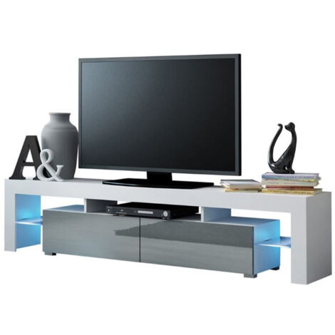 Dusine – Meuble TV moderne 200 cm – Blanc mat avec portes gris laqué – Éclairage LED intégré – Mélamine 18 mm – Fabriqué en UE
