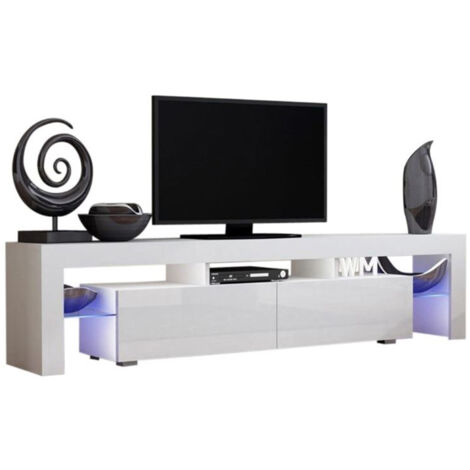 Dusine – Meuble TV moderne 200 cm – Blanc mat avec portes laquées – Éclairé par LED – Mélamine 18 mm – Système push pour accès facile