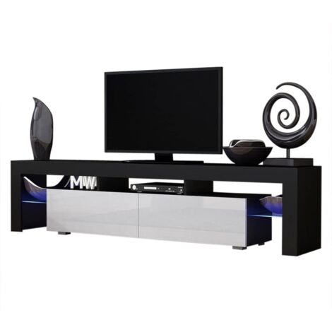 Dusine – Meuble TV moderne 200 cm en mélamine noir mat – Portes laquées blanches – Éclairage LED intégré – Rangement pour matériel audiovisuel