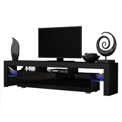 Dusine – Meuble TV moderne 200 cm – Noir mat avec portes laquées – Éclairage LED intégré – Rangement avec étagères vitrées