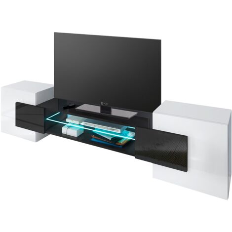 Dusine – Meuble TV Pablo 230 cm – Avec LED noir mat et blanc laqué – Caissons en finition mat – 2 placards et 2 niches de rangement