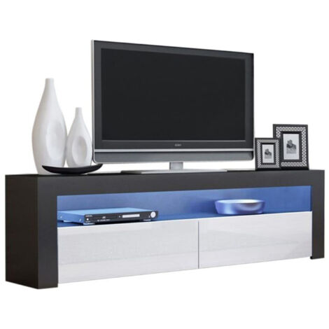 Dusine – Meuble TV Savelli LED noir mat – Portes en laqué blanc – Longueur 157 cm – Mélamine 18 mm – Éclairage LED inclus
