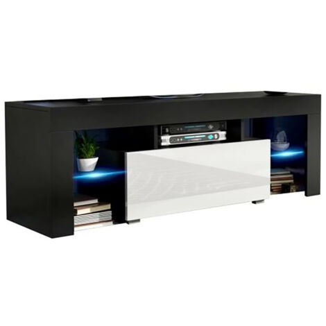 Dusine – Meuble TV Spider 130 cm – Noir mat avec porte laqué blanc – Éclairage LED intégré – Caisson en mélamine 18 mm