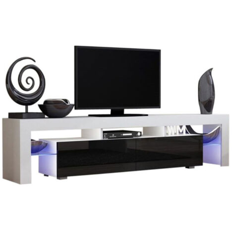 Dusine – Meuble TV Spider Big A LED 200 cm – Blanc mat avec portes noir laqué – Éclairage LED intégré – Mélamine 18 mm – Rangement pratique