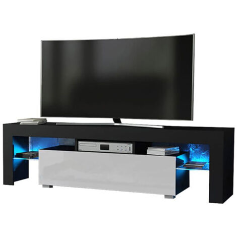 Dusine – Meuble TV Spider LED noir mat – Porte blanche laquée – 160 cm – Éclairage LED intégré – Mélamine 18mm – Style moderne
