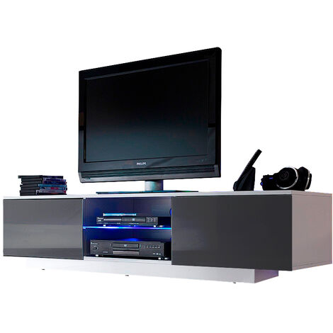 Dusine – Meuble TV suspendu ou à poser 160 cm – Mélaminé blanc mat et gris laqué – Lumières LED RGB USB incluses – Rangement pratique