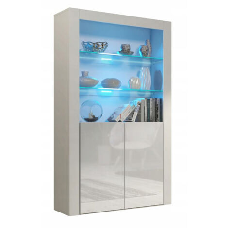 Dusine – Vitrine JIVE 90 cm blanc laqué avec lumières LED bleues – Mélaminé certifié FSC – Dimensions 90x35x170 cm – Fabrication européenne