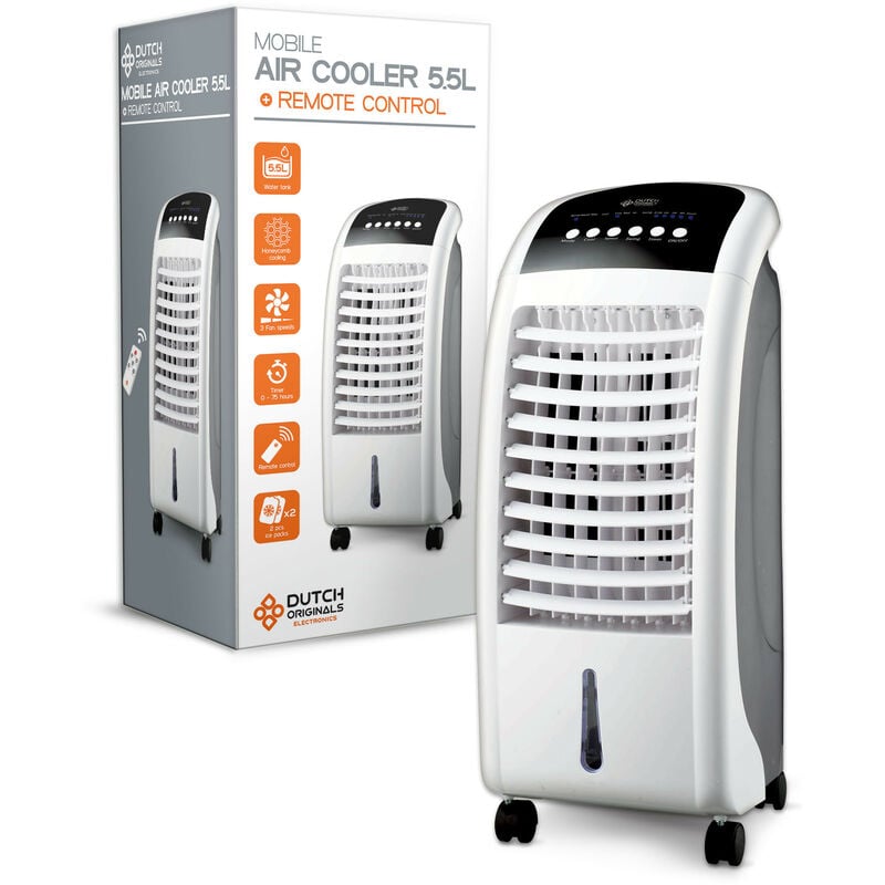 

Climatizador evaporativo con mando a distancia, Enfriador de aire, Ventilador humidificador móvil 3 en 1, Timer 7.5 h, 2 cajas hielo, 5.5 L - Dutch