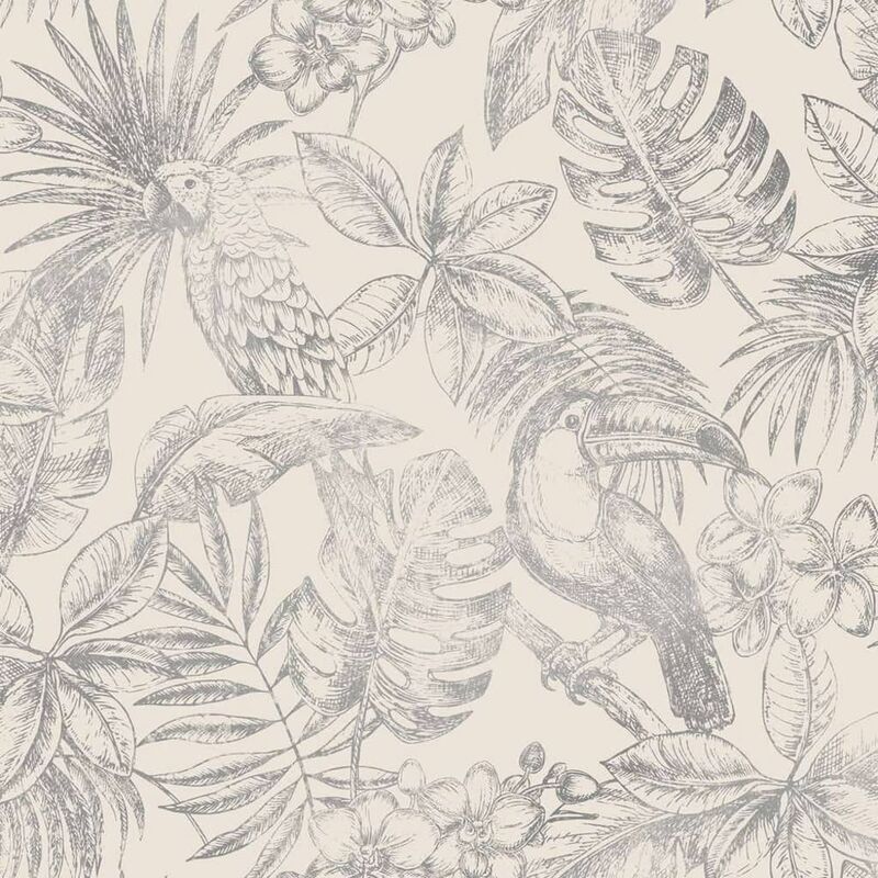 

Papel pintado hojas y pájaros blanco y plateado - Blanco - Dutch Wallcoverings
