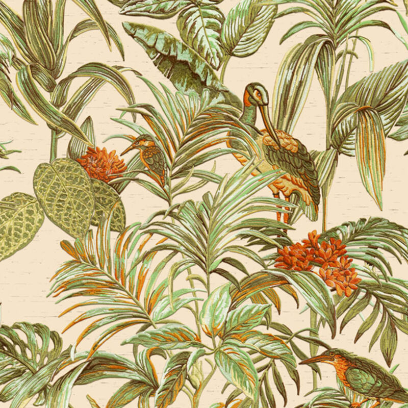 Dutch Wallcoverings - Cream Green Orange Tropical Wallpaper Birds Palm Textured Paste the Wall Vinyl