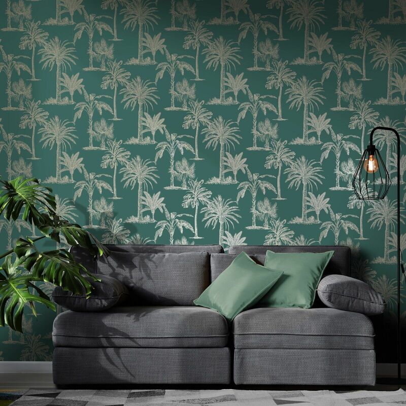 Holden Decor - Holden Exotic Glistening Tropical Palm Trees Metallic Gold Teal Green Wallpaper