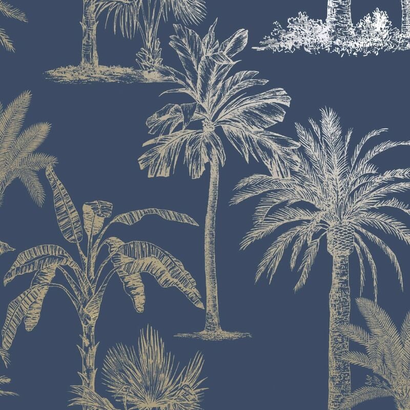 No Brand - Wallpaper Tropical Trees Navy Blue and Silver dutch wallcoverings