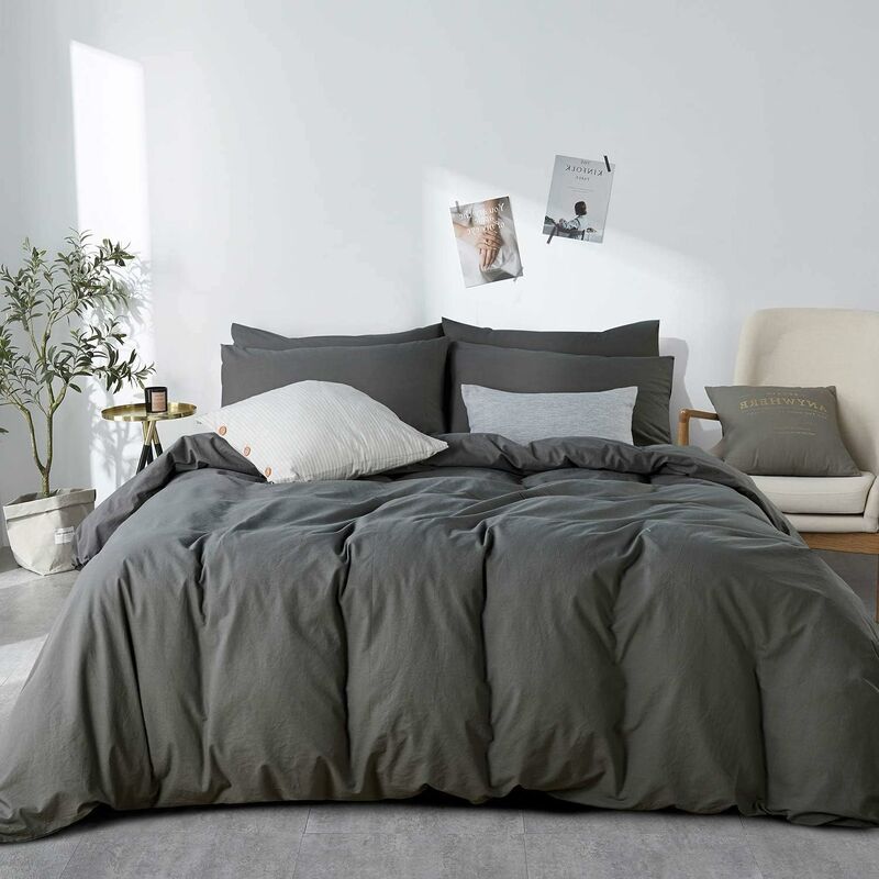 Image of Denuotop - Duvet Cover 200 x 230 cm Cotton Charcoal Gray Solid Color - Double Bed Set with Zipper - Natural Wrinkled Look Duvet Cover with 2