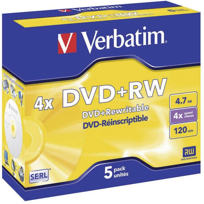 Dvd+rw vierge Verbatim 43229 5 pc(s) 4.7 gb 120 min réinscriptible, surface gris métallisé mate
