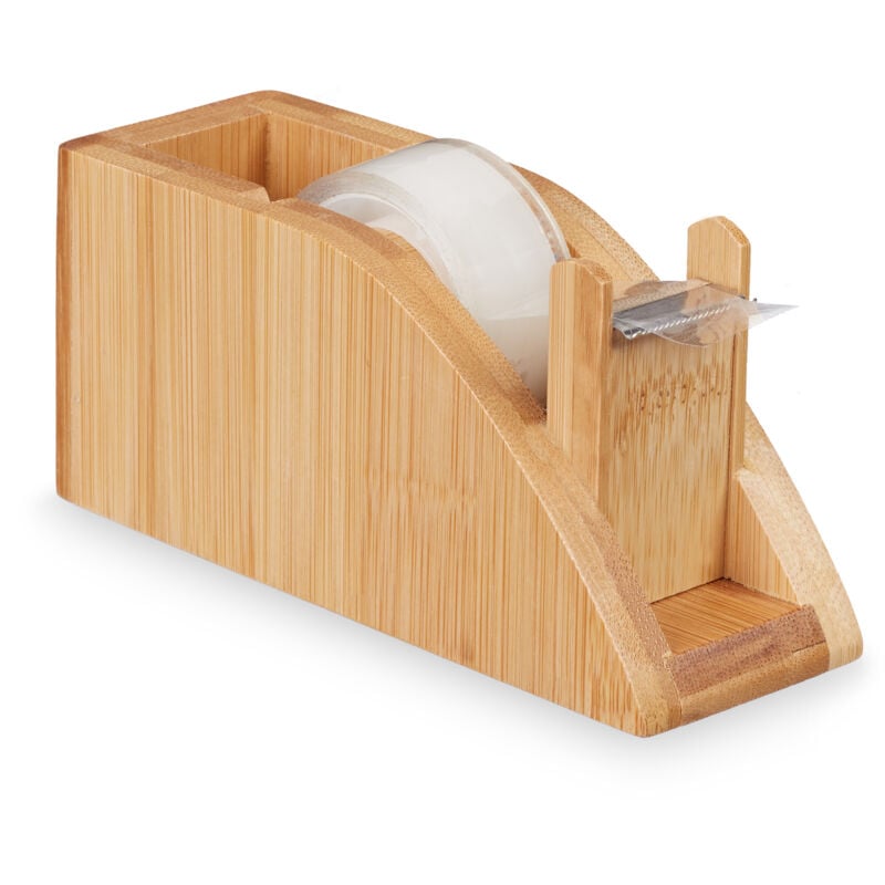 Relaxdays Dévidoir à rouleau adhésif bureau bambou,2x distributeur de bande adhésif rouleau de 25 mm, bricolage, naturel
